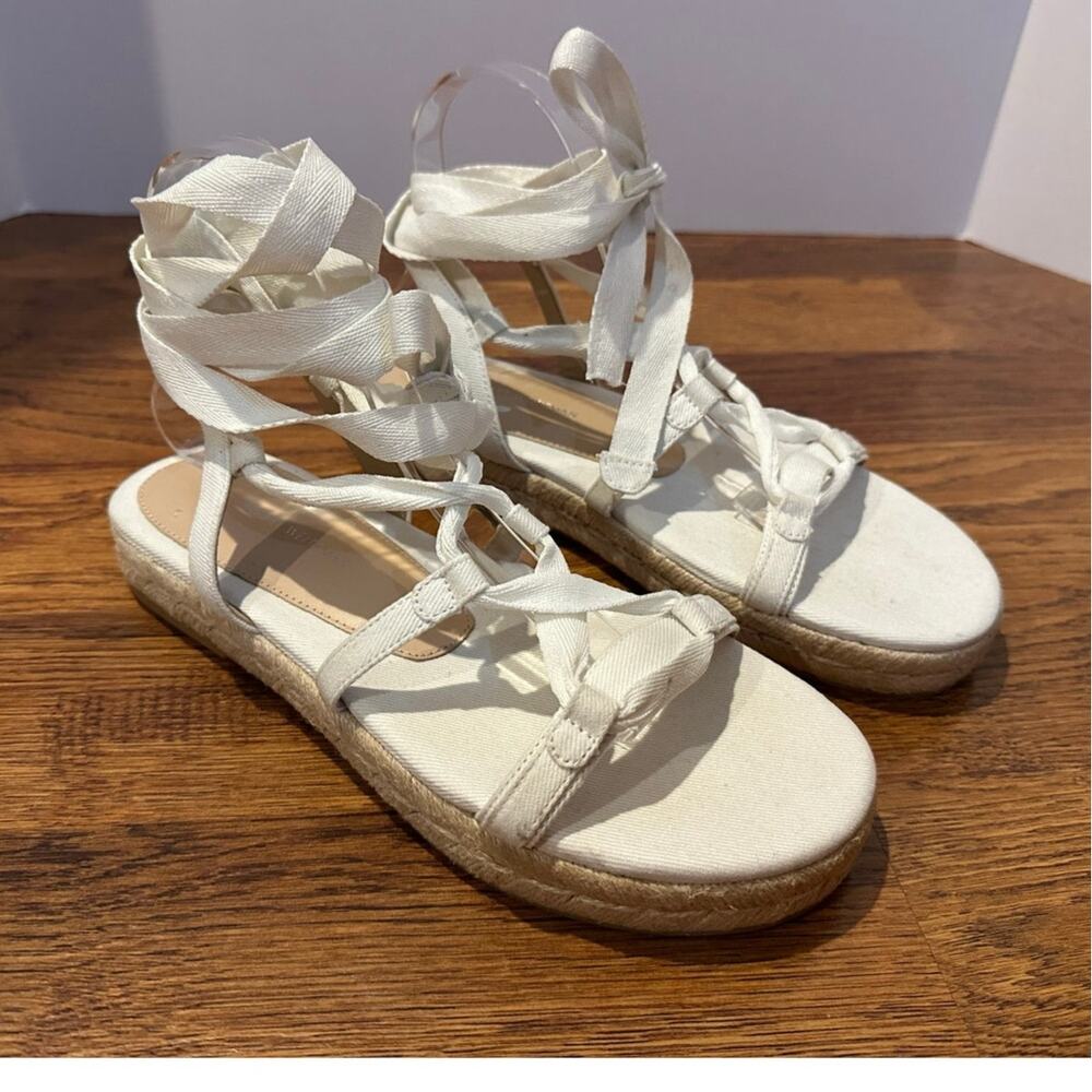 Stuart Weitzman Altdup Espadrille Wedge Sandals Cream Canvas Ankle Tie 10B NWOB